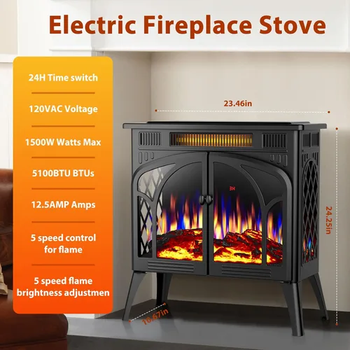 Vista 5 de ZAFRO Calentador eléctrico de chimenea de 24 pulgadas, 5100 BTU independiente con control remoto y temporizador, color de llama ajustable, 500 Negro