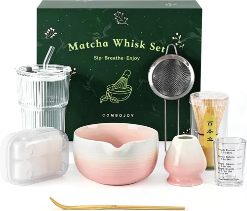 Vista 11 de Juego de batidor de matcha, kit completo de matcha con cuenco, batidor y soporte de bambú, cuchara, tamiz, taza de vidrio con tapa y pajita, bandeja