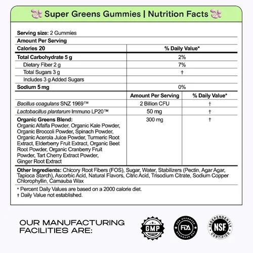 Vista 8 de Kiala Nutrition Super Greens Gomitas con 11x Verduras Orgánicas, Pre, Post y Probióticos, Antioxidantes Suplemento de Fibra Gomosa Superalimento