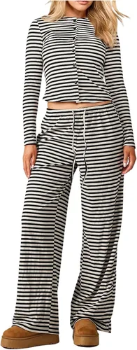 Vista 6 de SweatyRocks Conjunto de 2 piezas a rayas para mujer con botones y manga larga Varios