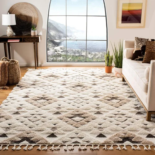 Vista 35 de SAFAVIEH Alfombra marroquí con borlas, 2 x 3 pies, marfil y marrón, no desprende pelusa y fácil de limpiar, textura alta y baja, ideal