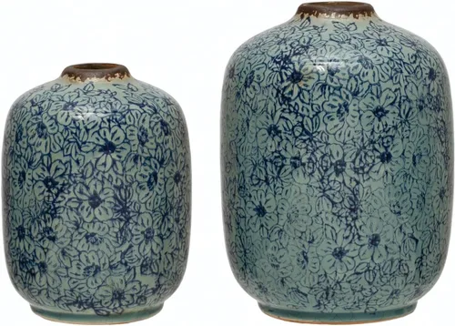 Vista 6 de Creative Co-Op Jarrón decorativo redondo de terracota con patrón floral con acabado envejecido, azul