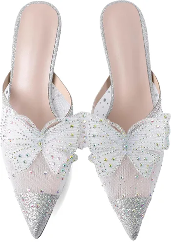 Vista 3 de AUMOTED Sandalias de tacón de gatito para mujer, sandalias con lazo de diamantes de imitación, tacón puntiagudo, zapatos de tacón bajo, pantuflas