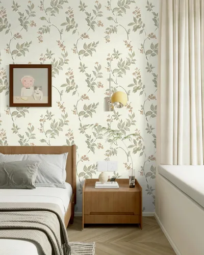 Vista 2 de Vinjiasin Papel tapiz autoadhesivo para despegar y pegar, papel de contacto floral beige, hojas de flores vintage autoadhesivo, papel de pared