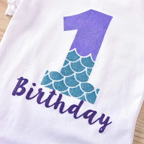 Vista 5 de Conjunto de mameluco de algodón para el primer cumpleaños para niñas con lentejuelas y lazo para la cabeza, 3 piezas