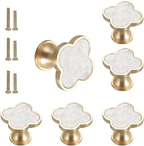 Vista 12 de 6 piezas de manijas de pomo de trébol de cuatro hojas de latón, pomos dorados para gabinetes, cajones, cómodas, muebles, cocina, armario, baño