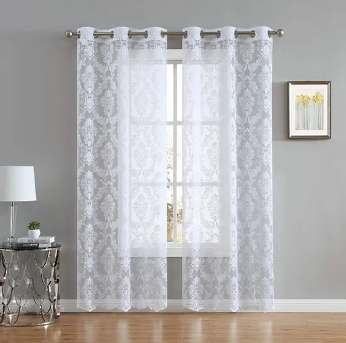 Vista 7 de LinenZone Par de 2 paneles de cortina de encaje de punto con parte inferior festoneada. Elegantes cortinas de encaje de granja para sala de estar