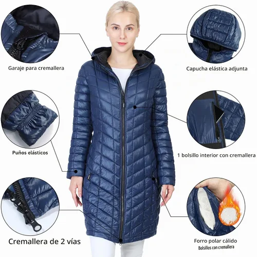 Vista 3 de Outdoor Ventures Abrigo Puffer Largo con Capucha Maryan para Mujer, Ultra Ligero, Cálido, Thermolite (Fiel a la talla. Orden Tamaño Normal) Tinta