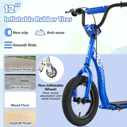 Vista 2 de GYMAX Patinete, Patinete de Empuje para Adultos, Adolescentes, Niños con Manubrio Ajustable, Ruedas Inflables de 12 Pulgadas, Freno de Pinza