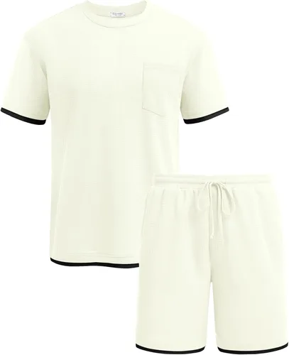 Vista 56 de COOFANDY Conjunto de camisa y pantalones cortos de gofre para hombre, conjunto de 2 piezas, conjunto casual de verano con bolsillos