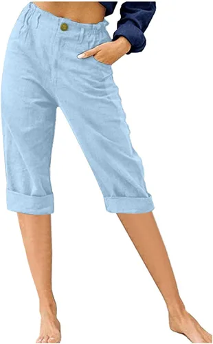 Vista 7 de Bermudas para mujer, hasta la rodilla, de algodón, lino, capri, pantalones capri de cintura alta con bolsillos, ropa de descanso Verde militar
