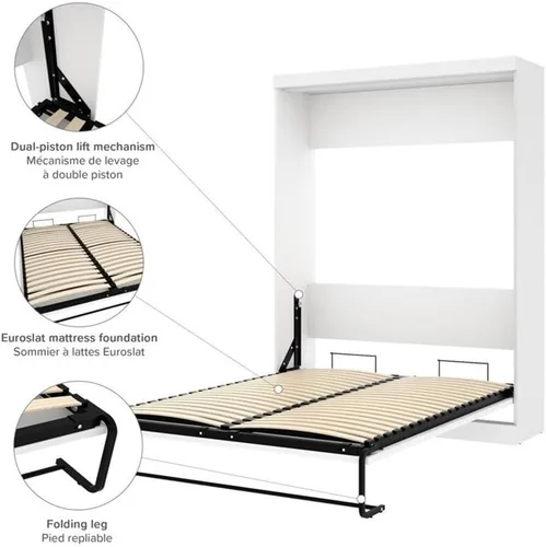 Vista 6 de Pemberly Row Cama de pared de doble montaje tamaño Queen con listones de madera en madera, en blanco, no necesita somier, fácil montaje