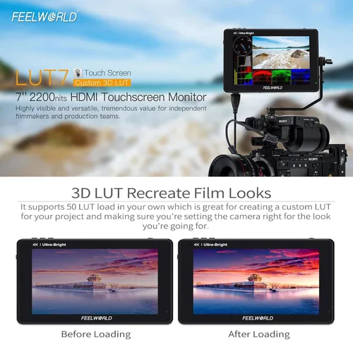 Vista 5 de FEELWORLD LUT7 7 pulgadas 2200nits 3D LUT pantalla táctil cámara DSLR cámara monitor de campo Full HD 1920x1200 IPS, 4K HDMI entrada/salida+brazo