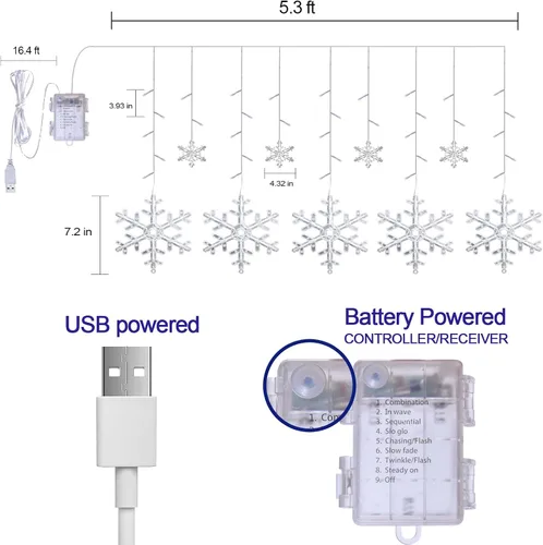 Vista 3 de LYUBASA Luces de copo de nieve de Navidad para decoración, 1.6 m, control remoto y temporizador, 8 modos de luz con alimentación por batería, 112