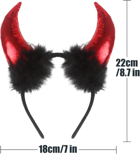 Vista 2 de LOMIMOS Halloween Red Devil Horns Headband, Demon Hairband with Plush Costume Accessories for Kids Women Men Party Fancy Dress Cosplay Festival