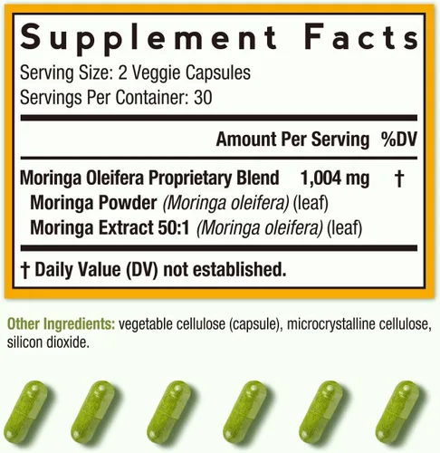 Vista 2 de Doctor's Recipes Moringa 11,000 mg de potencia, Superalimento Verde Completo, Apoyo Antioxidante Natural, Sin OMG, 60 cápsulas veganas, Sin cafeína