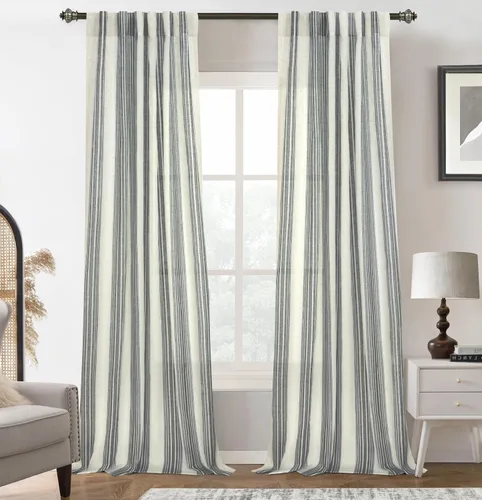 Vista 57 de DriftAway Cortinas de estilo granja con rayas verticales de lino mezclado texturizado con filtro de luz semitransparente para sala de estar