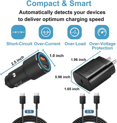 Vista 2 de Samsung - Cargador tipo C, kit de carga rápida, 25 W PD USB C de pared/coche súper rápido con cable de carga de 6.6 pies para Samsung Galaxy S26/S26