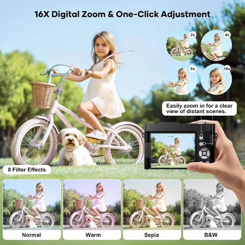 Vista 4 de Cámara digital 4K para fotografía de enfoque automático, cámara compacta de 50 MP con pantalla abatible de 180°, zoom digital de 16X, cámara