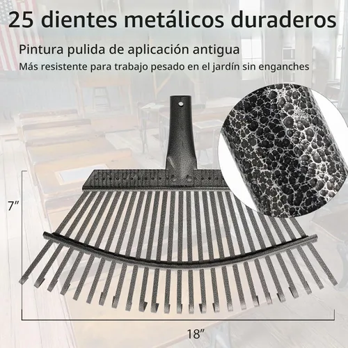 Vista 2 de Rastrillo para hojas, rastrillos de jardín de 30-61 pulgadas para hojas de servicio pesado con mango largo, 25 dientes de 18" de ancho, rastrillo