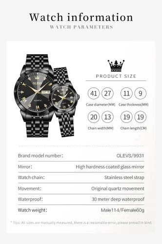 Vista 37 de OLEVS Juego de 2 relojes de cuarzo para parejas de San Valentín, calendario luminoso, ventana de fecha, 3 ATM, impermeable, casual, acero