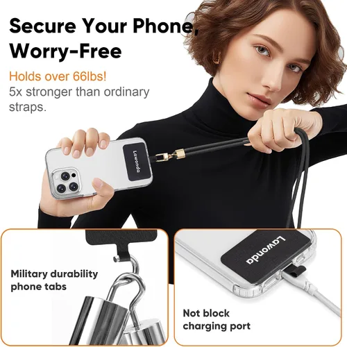 Vista 4 de Cordón universal para teléfono celular, correa antirrobo ajustable para el cuello para iPhone 17 Pro Max, 2 parches de teléfono, almohadillas