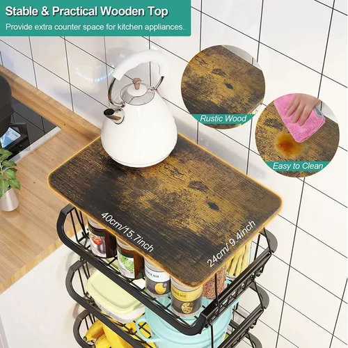 Vista 2 de Cestas de almacenamiento de cocina de 5 niveles con ruedas, cestas de metal para frutas y verduras, carrito de almacenamiento para despensa, carrito