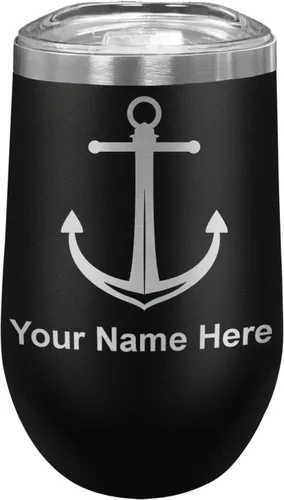 Vista 11 de LaserGram Vaso de vino de acero inoxidable de doble pared, ancla de barco, grabado personalizado incluido (negro)