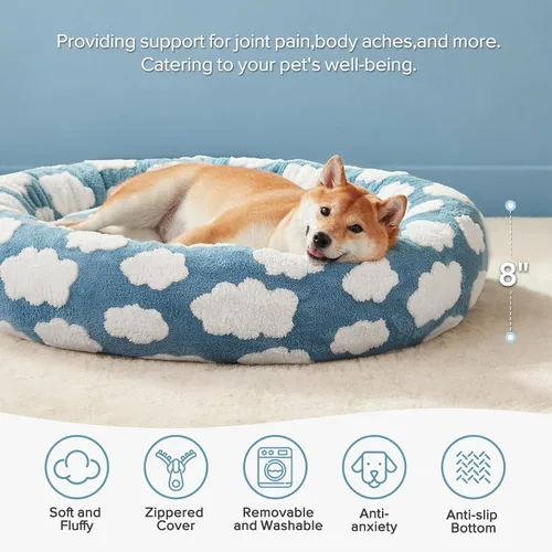 Vista 2 de JOEJOY - Cama redonda para perros pequeños con forma de dona jacquard, azul Azul nube