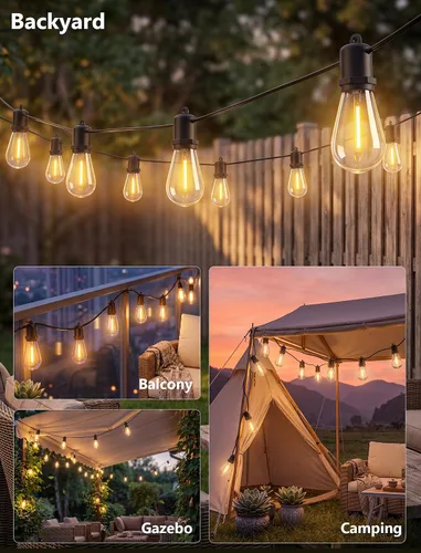 Vista 6 de 50FT LED Outdoor String Lights Waterproof with 27 Edison Vintage Shatterproof Bulbs, Hanging Commercial Grade Outdoor Patio Lights for Backyard