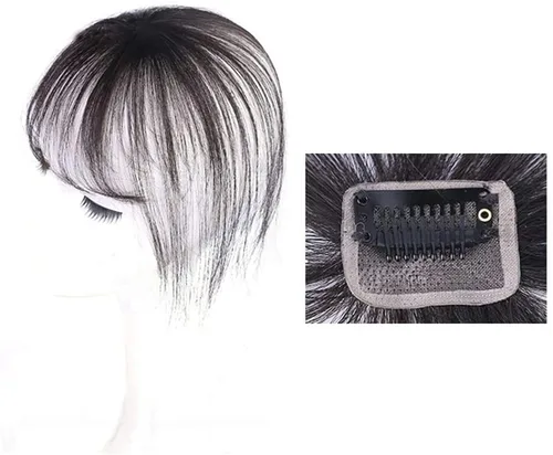 Vista 3 de Flequillo de cabello humano con clip en Airy Bang Topper postizo con extensión de flecos para mujer, color negro