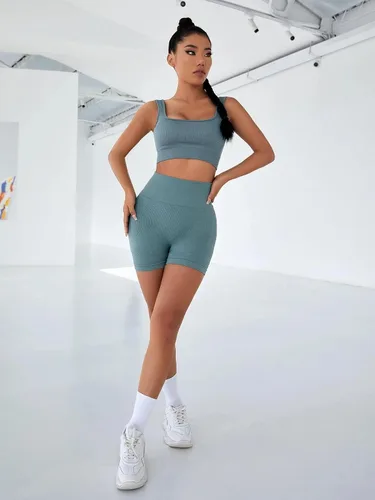 Vista 4 de ABOCIW Conjuntos de entrenamiento para mujer 2 piezas sin costuras acanalados cintura alta con camiseta sin mangas brasier deportivo trajes de yoga