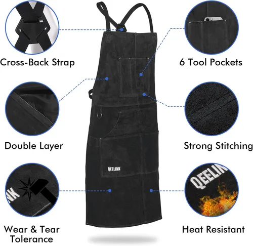 Vista 4 de QeeLink Delantal de soldadura de cuero con 6 bolsillos, delantal resistente al calor y al fuego, 24 x 42 pulgadas, ajustable de M a XXXL (negro)