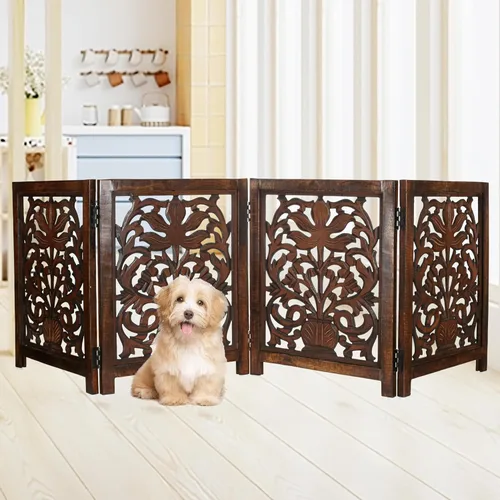 Vista 15 de Lightnpro Valla de madera geométrica para mascotas - Puerta de seguridad plegable independiente para perros, cachorros y mascotas pequeñas, valla