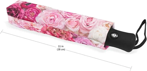 Vista 5 de Paraguas plegable auto abierto compacto sol lluvia paraguas rosa flores rosa para mujeres hombres niños viaje sombrilla sol protección UV viento