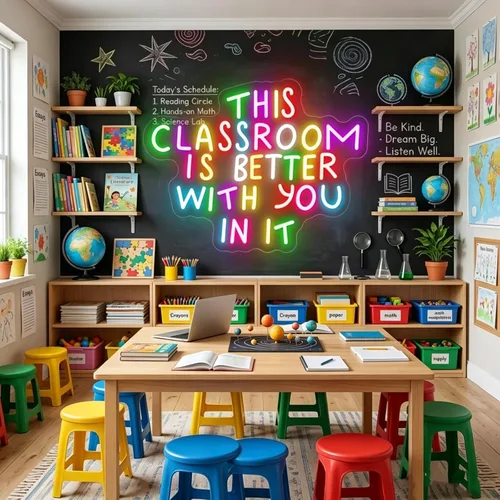 Vista 4 de Letrero de neón multicolor con texto en inglés «This Classroom is Better With You In It» para decoración de pared de aula, alimentado por USB