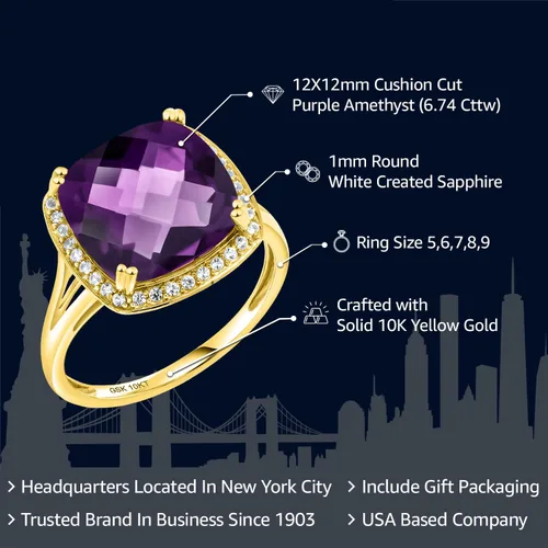 Vista 2 de Gem Stone King Anillo de oro amarillo de 10 quilates con piedra natal y zafiro blanco creado para mujer, cojín de 0.472 in, anillo de compromiso