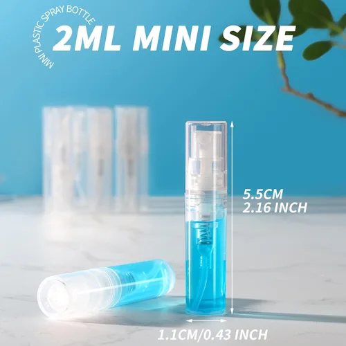 Vista 2 de Fandamei Mini botella de spray, 60 botellas de plástico transparente de 2ml (0.068 fl oz) vacías, mini botella de perfume recargable de niebla fina.