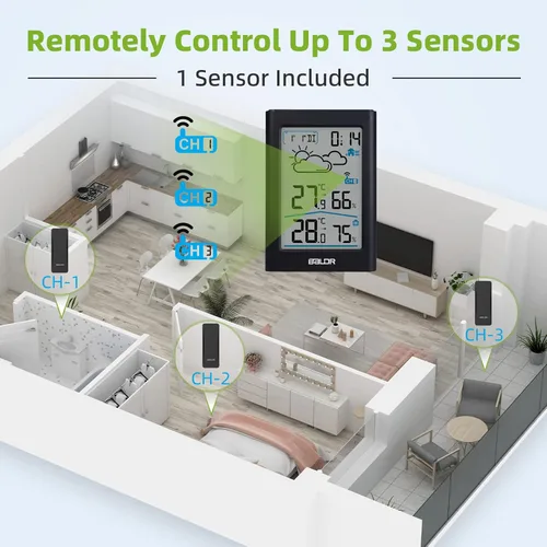 Vista 6 de BALDR Termómetro para Interior y Exterior Inalámbrico, Estación Meteorológica Alimentada por Batería para Interior y Exterior con Reloj, Monitor