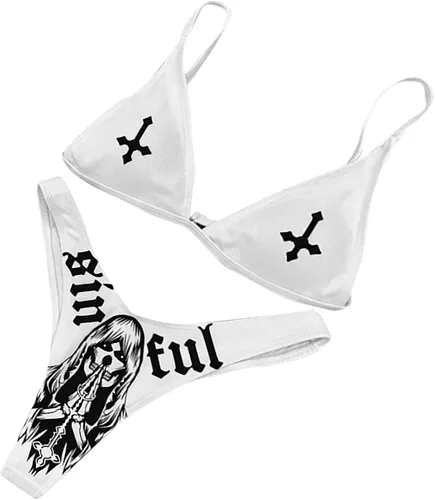 Vista 4 de AIBEARTY Traje de baño de dos piezas con estampado de calaveras para mujer, conjunto de bikini triangular de corte alto para fiesta, festival