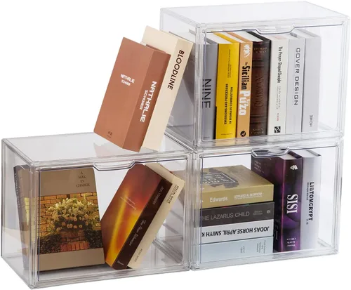 Vista 3 de BOHOIDEE Paquete de 2 organizadores transparentes de almacenamiento de libros para estantería, estuche de exhibición de libros de plástico apilable