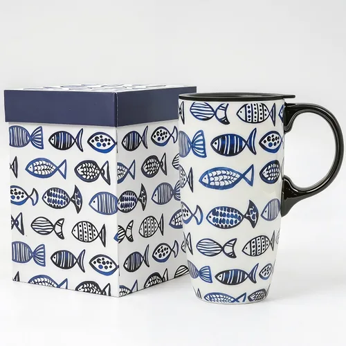 Vista 10 de Taza de cerámica Topadorn de porcelana para café con leche y té con caja de regalo, 17oz. Taza de viaje con tapa, estilo de navegación vintage