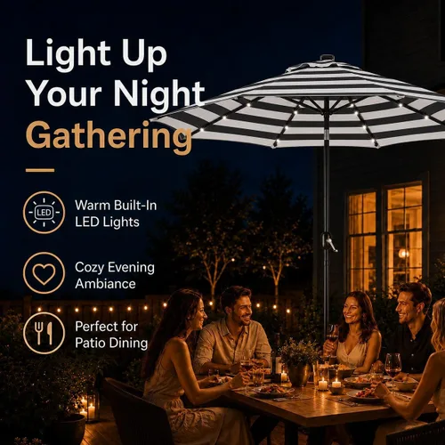 Vista 7 de Yaheetech - Sombrilla solar de patio de 9 pies, sombrilla de mesa con 32 luces LED, 8 varillas/inclinación y sistema de elevación con manivela