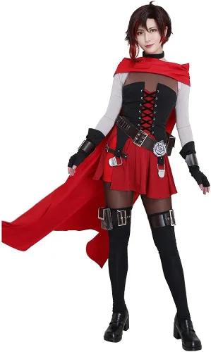 Vista 2 de miccostumes Conjunto de disfraz de cosplay de color rosa roja con capa y cinturones para mujer