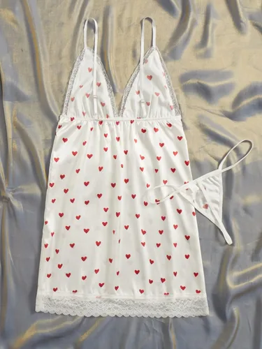 Vista 2 de OYOANGLE Conjunto de 2 piezas de satén con estampado de corazón de malla transparente para mujer, brasier y bragas con aros