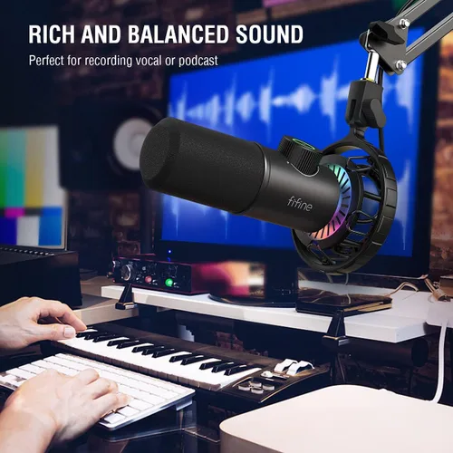 Vista 9 de FIFINE - Micrófono USB para juegos, micrófono dinámico RGB con conector de toque para silenciar y auriculares, micrófono cardioide Plug & Play