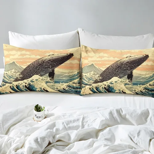 Vista 5 de Erosebridal Juego de sábanas de ballena náutica, tamaño individual, juego de ropa de cama vintage azul con ondas oceánicas para niños y niñas