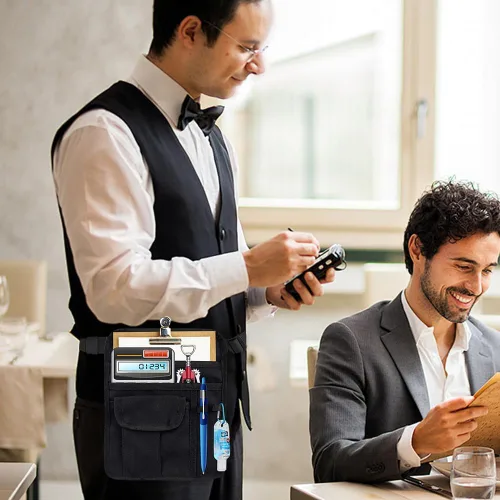 Vista 5 de Delantal de limpieza profesional con 5 bolsillos y cinturón ajustable en la cintura, camarero, chef, camarero, para mujeres y hombres, restaurantes