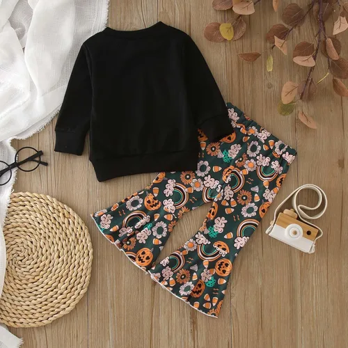 Vista 6 de Conjunto de sudadera de manga larga con estampado de calabaza para bebé niña, pantalones acampanados, ropa de otoño para bebé