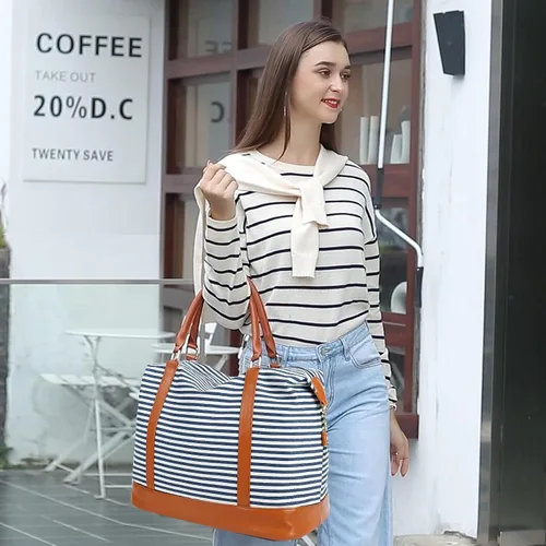 Vista 2 de CAMTOP Bolsa de Viaje para Mujeres Damas de Lona Fin de Semana Nocturno Equipaje de Mano Bolsas Rayas A-blue